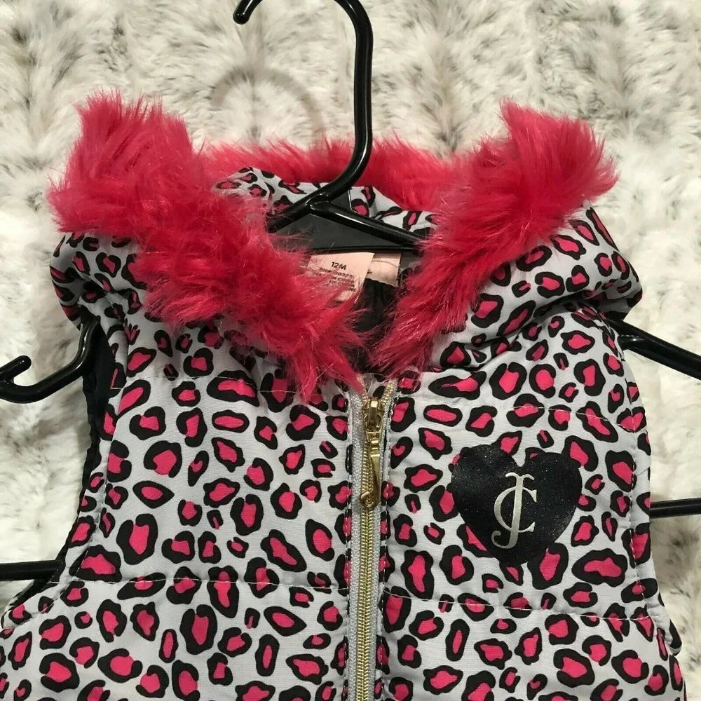 Juicy Couture Puff Vest Pink Leopard Faux Fur Trim Infant Girls Size 12 Months